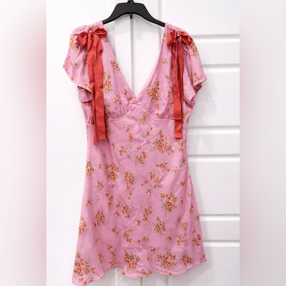 Wild Fable Pink Floral Bow Shoulder Mini Dress L Cottagecore Coquette V-Neck
